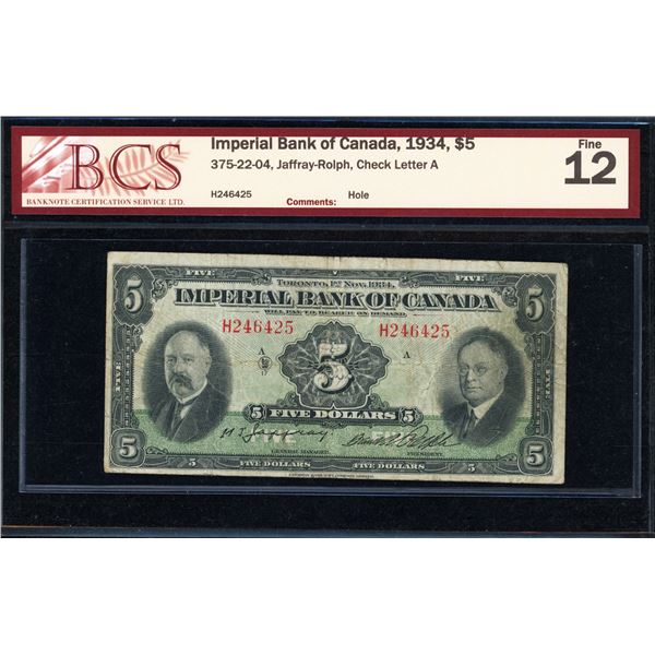Imperial Bank of Canada Five Dollars 1934