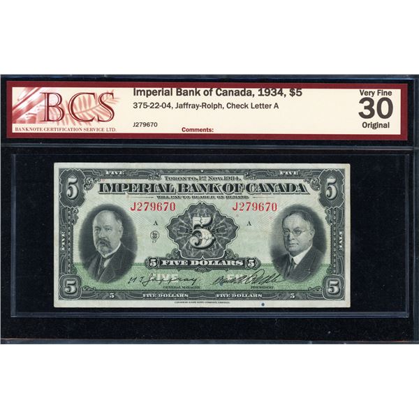 Imperial Bank of Canada Five Dollars 1934