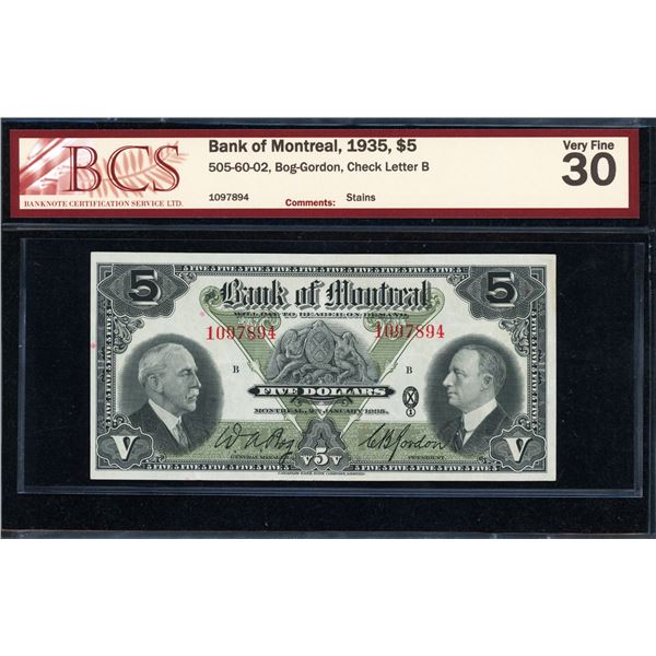 Bank of Montreal Five Dollars 1935