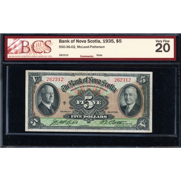 Bank of Nova Scotia Five Dollars 1935