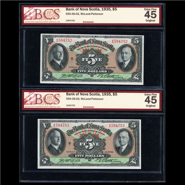 Bank of Nova Scotia Five Dollars 1935, Consecutive Pair!