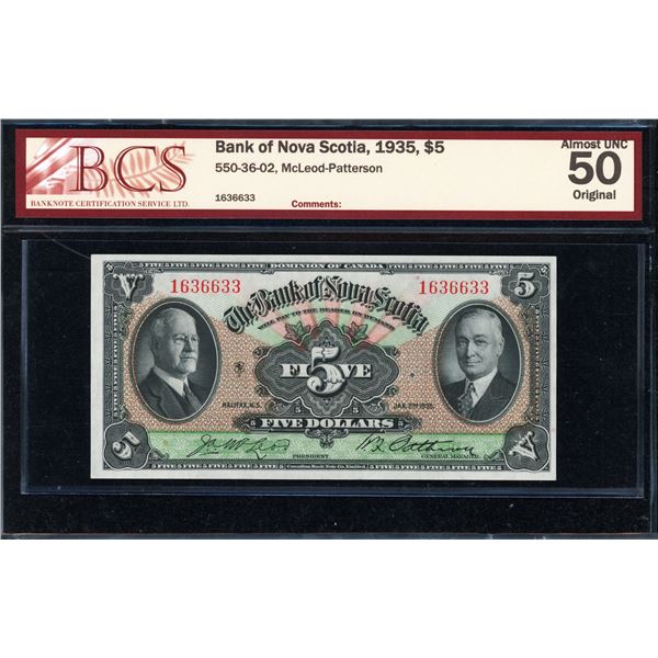 Bank of Nova Scotia Five Dollars 1935, AU-50