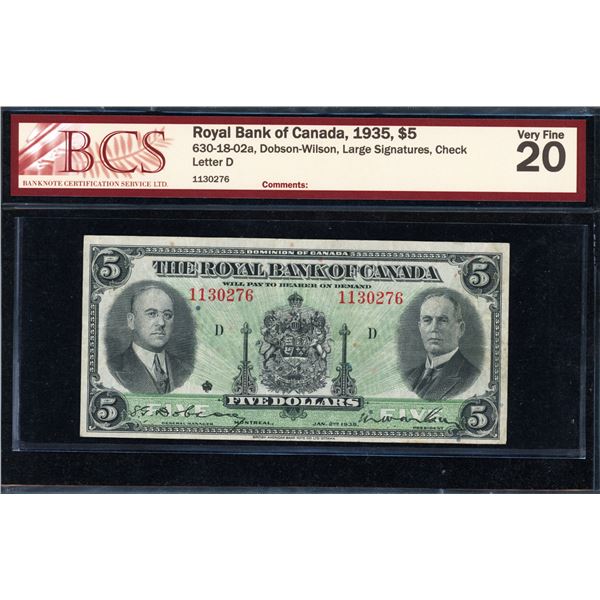 Royal Bank of Canada Five Dollars 1935