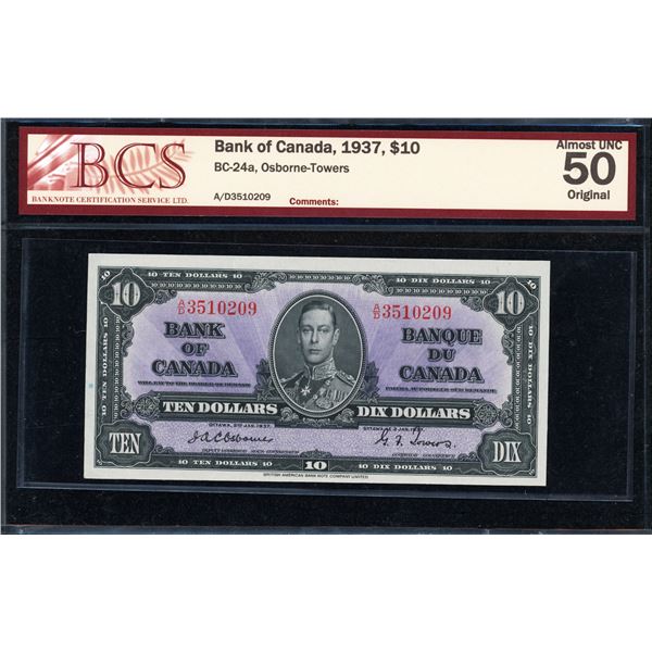 Bank of Canada Ten Dollars 1937 Osborne, AU-50