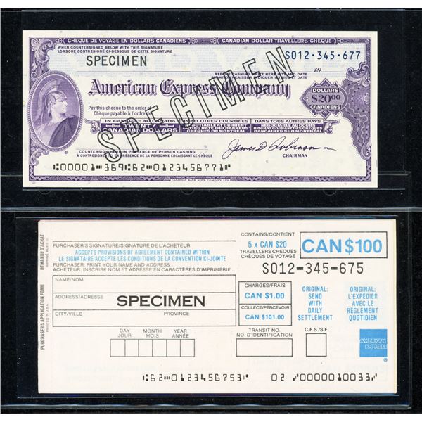 American Express 20 Dollar Canada Specimen Travellers Cheque
