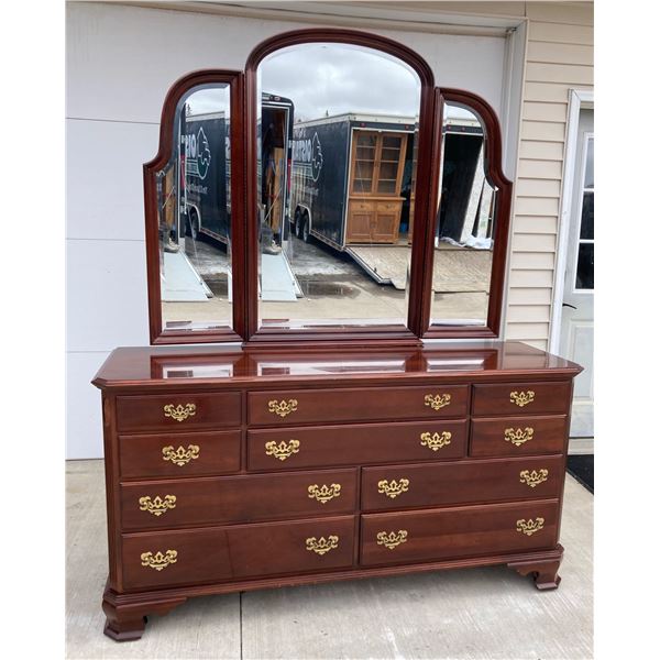 ETHAN ALLEN GEORGIAN COURT CHERRY DRESSER WITH A MATCHING TRI-FOLD MIRROR