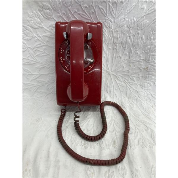 VINTAGE RED ROTARY DIAL WALL-MOUNTED TELEPHONE