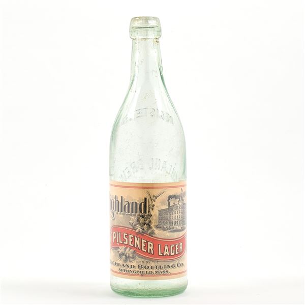Highland Pilsener Lager Pre-Prohibition FACTORY SCENE Embossed Bottle RARE A TOP EXAMPLE