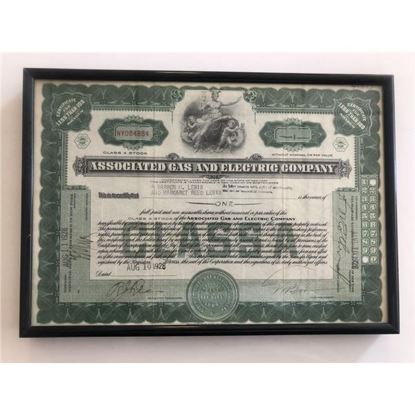 Framed Associated Gas And Electric Company Stock Certificate