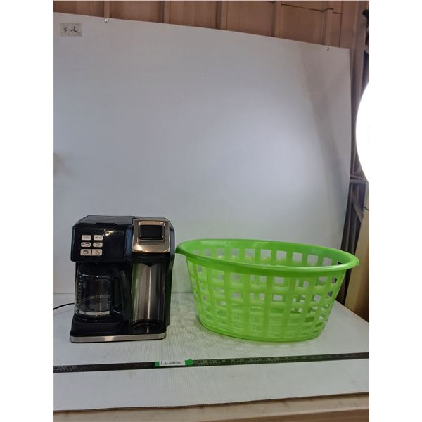 Coffee Machine (powers on, as is), Green Laundry Basket 23"x17"x11" ( cannot ship)