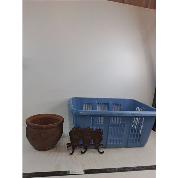 Clay Pot With Drainage, Decorative Cast Iron, Blue Laundry Basket 2"x18"x11" ( cannot ship, as is)