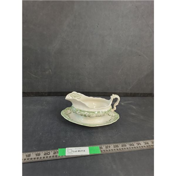 Vintage Green & White Gravy Boat ( as is)