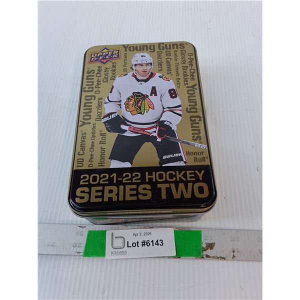 Upper Deck 2021-22 Hcokey Tin & Assorted NHL Cards- Johnny Gaudreau, Seth Jones, Filip Zadina, Misc.