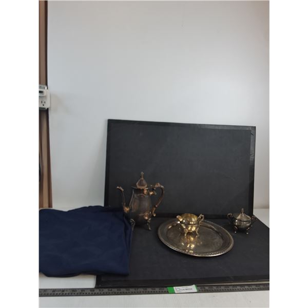 Vintage Silver Plated Tea Set, Blue Round Table Cloth 60"