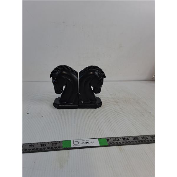 Pair of Vintage Black Glazed Ceramic Horse Head Bookends