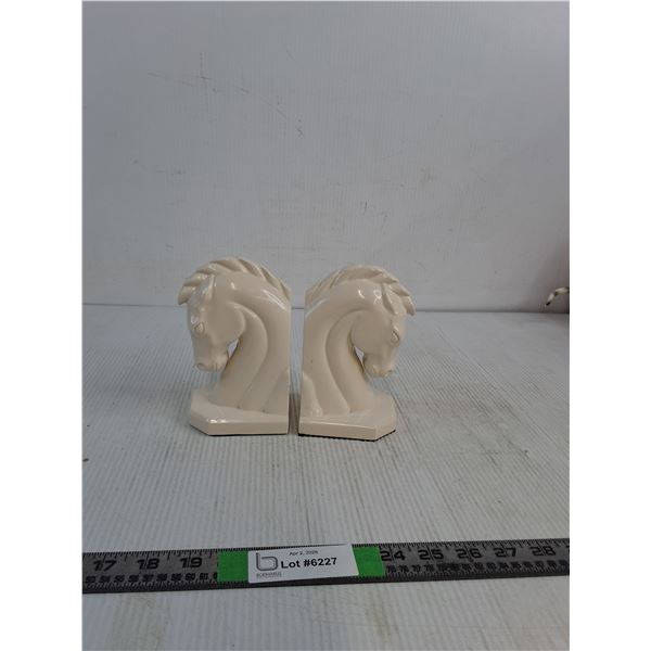 Pair of Vintage White Glazed Ceramic Horse Head Bookends