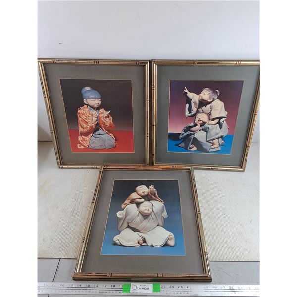 (3) Wood Framed East Asian Wall Art Prints 18" x 16" - Pick Up Preferred