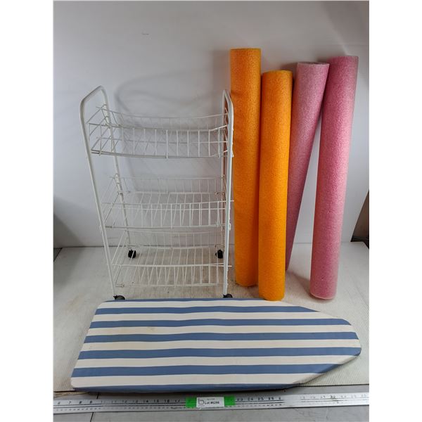 Rolling Wire Shoe Rack 25" x 14" x 10", (4) Foam Sticks 27" x 3", Ironing Board 30" x 12" -PU