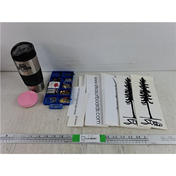Assorted Picture Hooks, Sitka Stickers, Key Auto Insulated Cup, Misc