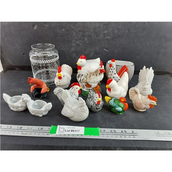 Hens & Roosters Salt & Pepper Shakers, Glass Jar & Ornaments