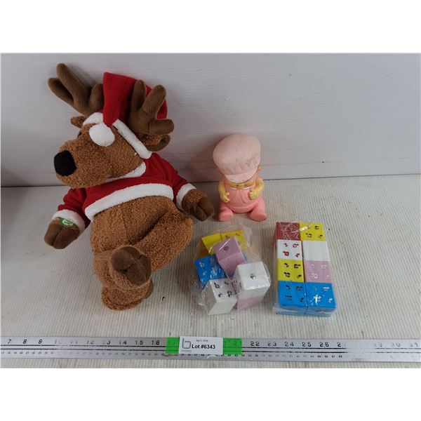Plush Christmas Moose, Vintage Doll & Kids Toy Cubes