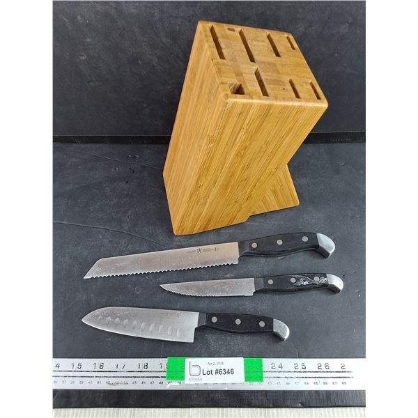 Wooden Knife Holder & (3) J.A. Henckels International Kitchen Knives