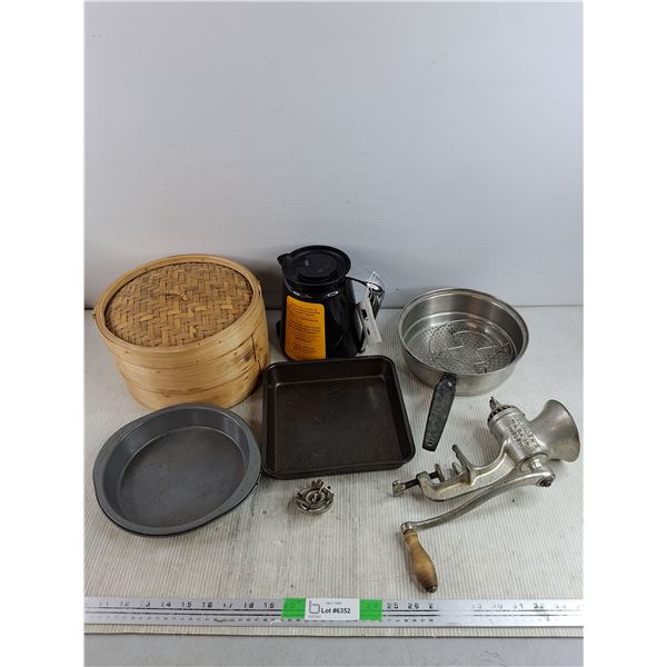 Wooden 2 Tier Steamer, Keurig K Carafe Pot - As Is, Baking Pans, Vintage Meat Grinder, Misc
