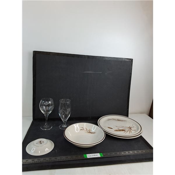 Haniwa Stoneware Dishes, (2) Glass Cups - PICK UP