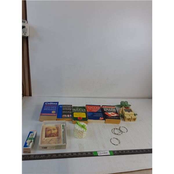 (5) Dictionaries/Thesaurus, Religious Post Cards, Sylvania Light Bulb, Misc