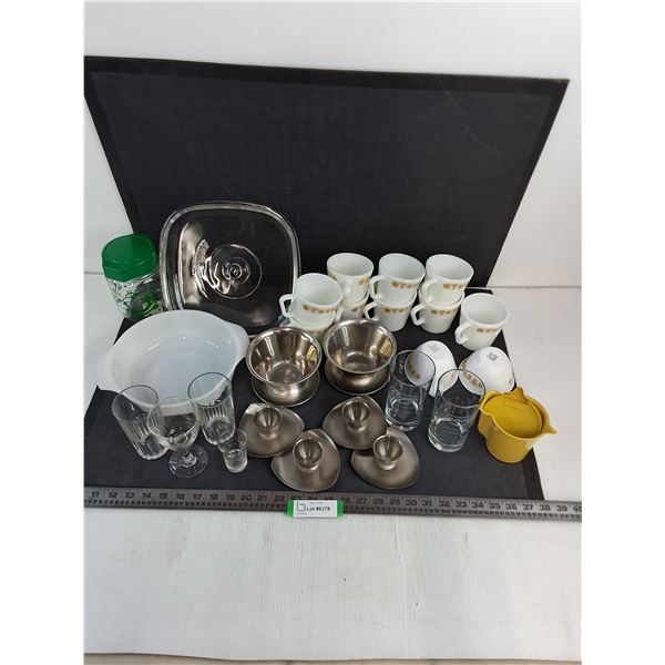 Set of 9 Pyrex Mugs, Casserole Dish, Stainless Steel Containers, Assorted Glasses, Misc -PICK UP