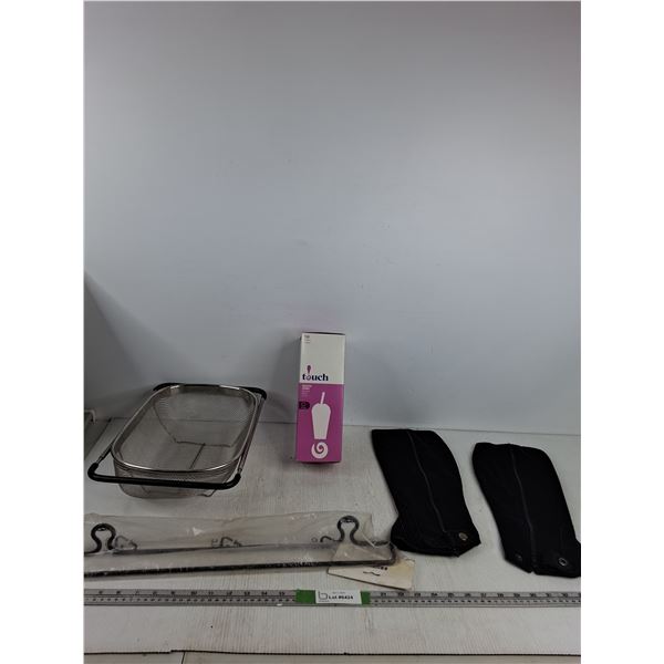 Stainless Steel Strainer, Plastic Jumbo Straws, IKEA Bracket, Kids English Half Chaps 16"