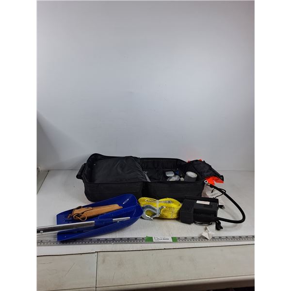 Emergency Vehicle Kit- Shovel, Knife, Tow Strap, Air Pump, Reflective Signs, Tape,Misc