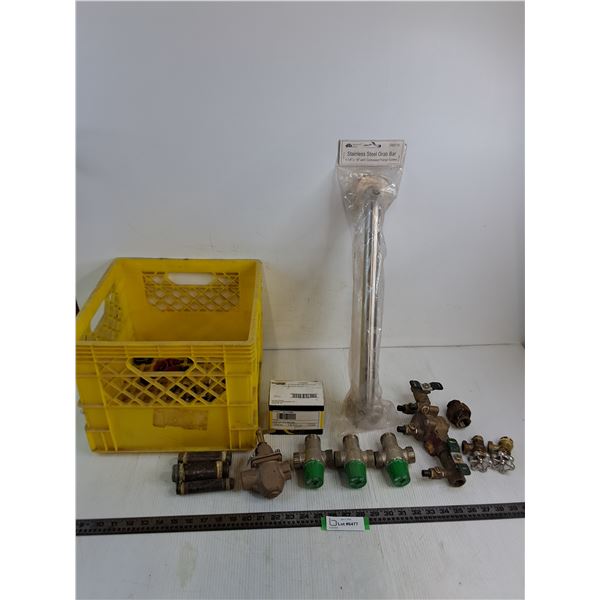 Milk Crate Full of Assorted Plumbing Pipes & Valves, Sealed Bath Bar - Cannot Ship