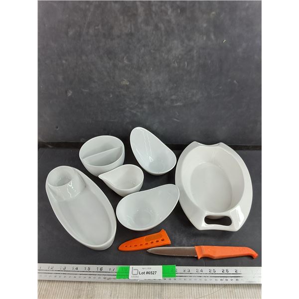 Assorted Ceramic Dishes & RR Gusto Grip Kitchen Knife