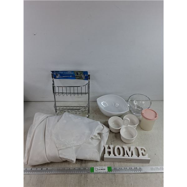 Shower Caddy, Ceramic & Glass Bowls, Tupperware Cup, Bed Sheet 105" x 54" , Misc