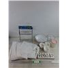 Image 1 : Shower Caddy, Ceramic & Glass Bowls, Tupperware Cup, Bed Sheet 105" x 54" , Misc