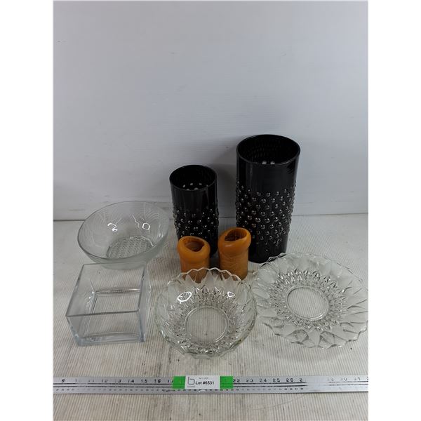Glass Bowls, (2)  Vases, (2) Candles, Glass Planter