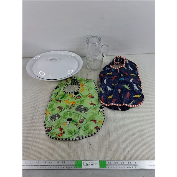 Ceramic Divided Dish w/Lid, Glass Pitcher, (2) Bibs