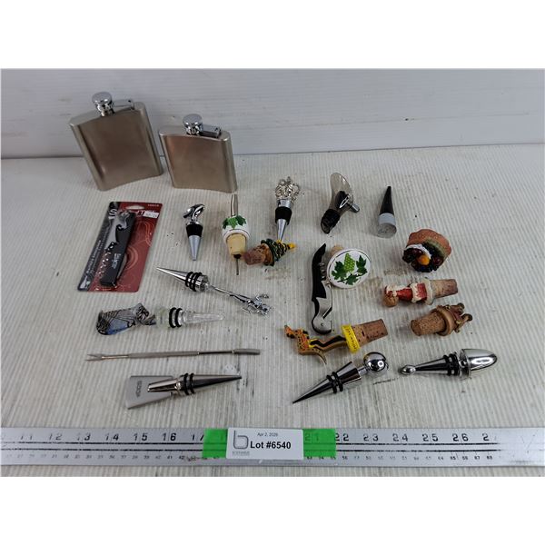 (2) Liquor Flasks, Wine Bottle Openers, Decorative Corks