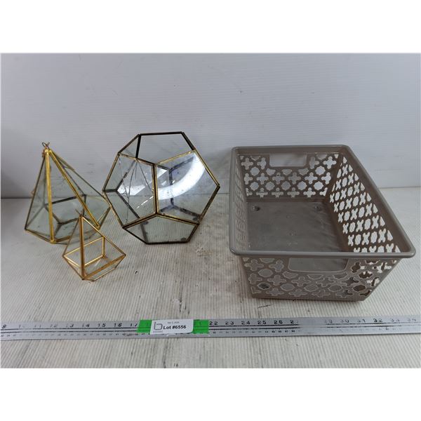(3) Brass & Glass Candle Holders - Some Damage, Plastic Basket 14" x 10" x 5"
