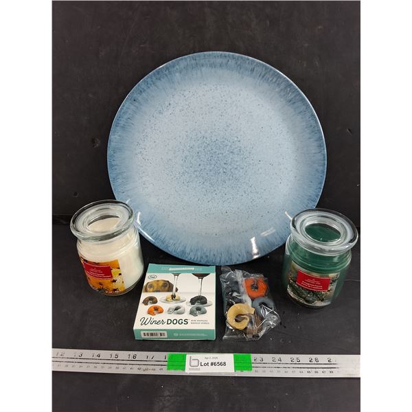 14" Plastic Platter, (2) Scented Candles, Winer Dogs Wine Markers