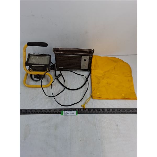 Halogen Work Light - Tested, Vintage Strauss Radio - Working but Some Damage, Yellow Rain Hood