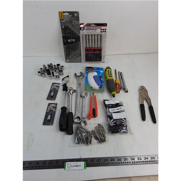 Assorted Mostly New Hand Tools, Flashlight, Socks