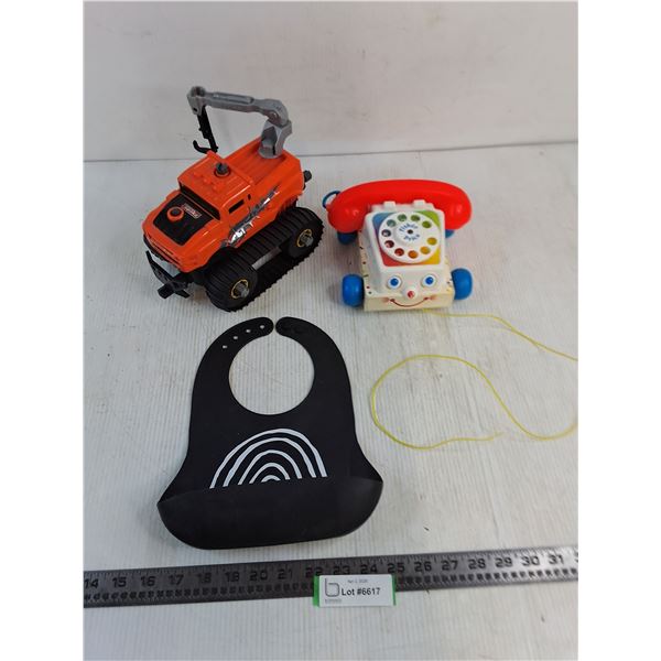 Tonka Track Vehicle, Fisher-Price Pull Telephone, Catch Bib