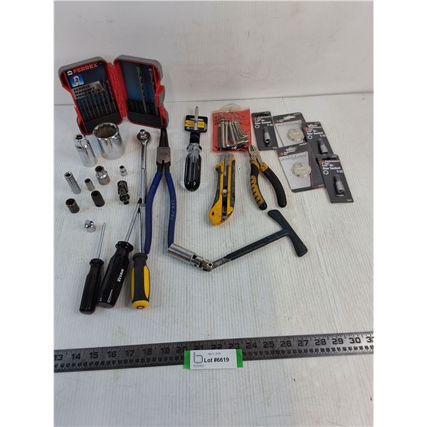 Assorted Hand Tools. Sockets, Bits, Spark Plug Gappers, Misc.