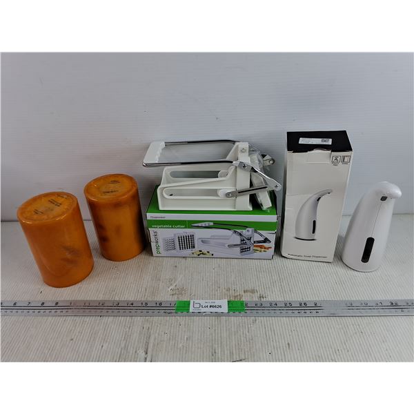 (2) Cinnamon Scented Candles, Prepworks Vegetable Cutter, Automatic Soap Dispenser