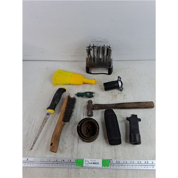 15 Piece Wood Spade Bit Set, Hole Saw, 12V Roughriders USB Adapter, Wire Brush, Hammer, Misc