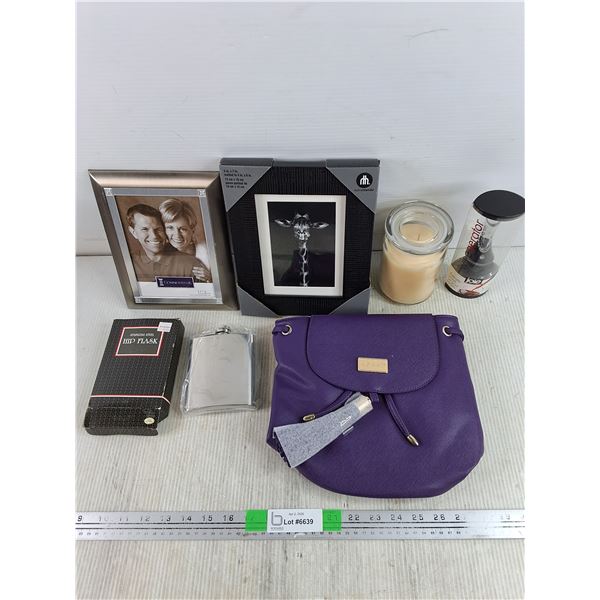 Hip Flask, (2) Picture Frames, Scented Candle, Wine Aerator, Monat Purse