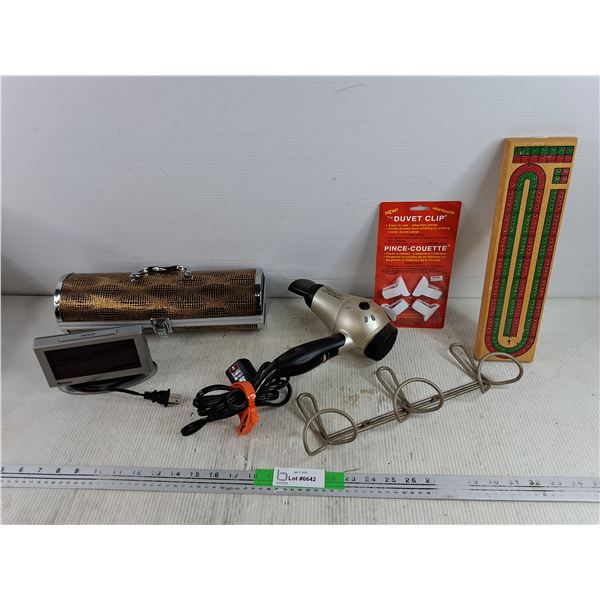 Revlon Hair Dryer, Advance Alarm Clock - Powers On, As Is, Cribbage Board, Duvet Clips, Misc