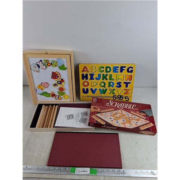 Dry Eraser Board w/Magnets, Sound Puzzle - As Is, Scrabble Game - As Is